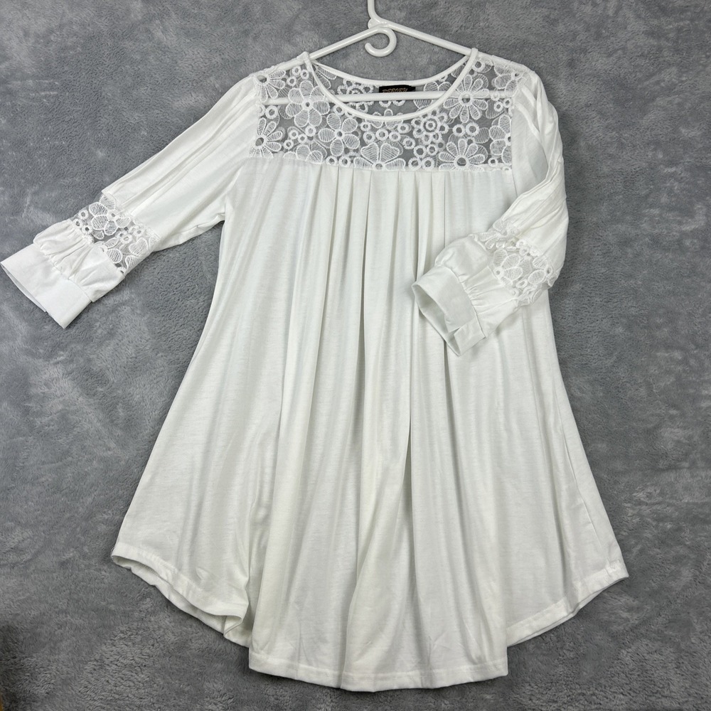 Reborn Y2k Swing Tunic/Mini Babydoll Dress White Lace Trimmed 3/4 Sleeve Size L